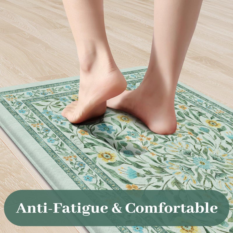 KIMODE Kitchen Mats for Floor Anti Fatigue, Kitchen Floor Mats 17.3"x29"+17.3"x47", Boho Floral Kitchen Rugs Sets of 2, Comfort Padded Rugs for Kitchen Floor Laundry Office Sink Desk Blue Green - Image 2