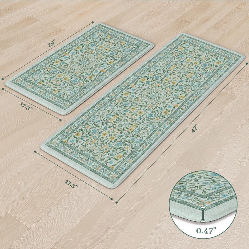 KIMODE Kitchen Mats for Floor Anti Fatigue, Kitchen Floor Mats 17.3"x29"+17.3"x47", Boho Floral Kitchen Rugs Sets of 2, Comfort Padded Rugs for Kitchen Floor Laundry Office Sink Desk Blue Green - Image 3