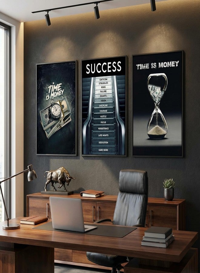 MHYIDUT 3Pcs Time Is Money Wall Art Paintings Office Wall Decor Pictures Inspirational Quotes Posters Prints Road to Success Canvas Paintings of Man Cave Living Room Bedroom Office Decor unframed - Image 2