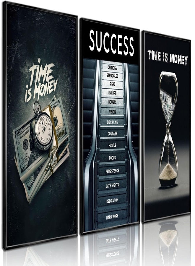MHYIDUT 3Pcs Time Is Money Wall Art Paintings Office Wall Decor Pictures Inspirational Quotes Posters Prints Road to Success Canvas Paintings of Man Cave Living Room Bedroom Office Decor unframed - Image 1