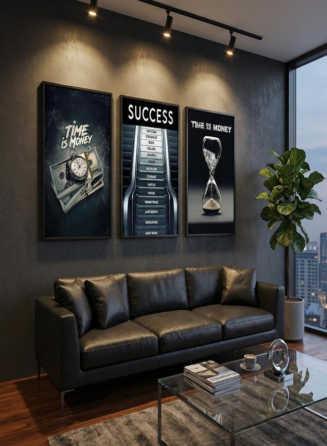 MHYIDUT 3Pcs Time Is Money Wall Art Paintings Office Wall Decor Pictures Inspirational Quotes Posters Prints Road to Success Canvas Paintings of Man Cave Living Room Bedroom Office Decor unframed - Image 3