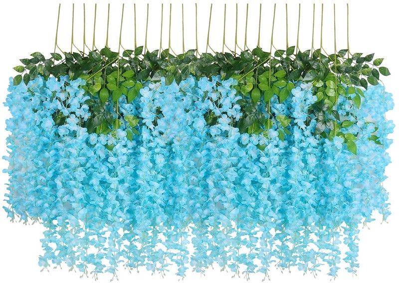 Homenique Artificial Wisteria Flowers Vine Garland Sky Blue 6 Pack Fake Wisteria Vine Garland Hanging Flowers for Wedding Silk Long Bush Flowers String Home Party Decoration Blue - Image 1