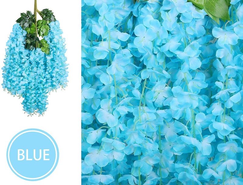 Homenique Artificial Wisteria Flowers Vine Garland Sky Blue 6 Pack Fake Wisteria Vine Garland Hanging Flowers for Wedding Silk Long Bush Flowers String Home Party Decoration Blue - Image 2