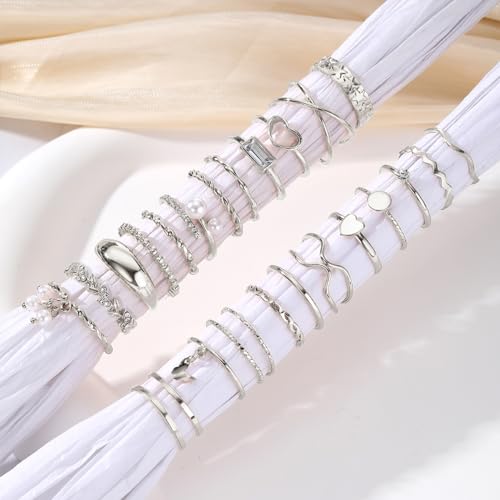 IFKM 24 Pcs Silver Knuckle Rings Set For Women Vintage Stackable Joint Finger Midi Rings Dainty Cubic Zirconia Crystal Simple Twist Hollow Cute Rings Pack Jewelry Gift (Heart's Voice, Silver) - Image 5