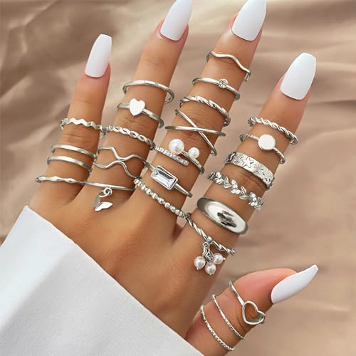 IFKM 24 Pcs Silver Knuckle Rings Set For Women Vintage Stackable Joint Finger Midi Rings Dainty Cubic Zirconia Crystal Simple Twist Hollow Cute Rings Pack Jewelry Gift (Heart's Voice, Silver) - Image 2
