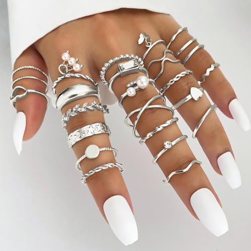 IFKM 24 Pcs Silver Knuckle Rings Set For Women Vintage Stackable Joint Finger Midi Rings Dainty Cubic Zirconia Crystal Simple Twist Hollow Cute Rings Pack Jewelry Gift (Heart's Voice, Silver) - Image 3