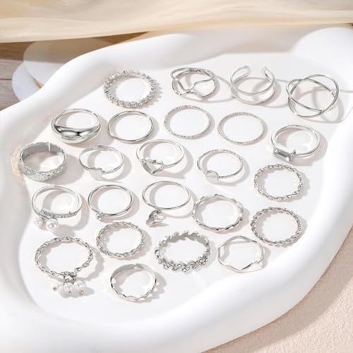 IFKM 24 Pcs Silver Knuckle Rings Set For Women Vintage Stackable Joint Finger Midi Rings Dainty Cubic Zirconia Crystal Simple Twist Hollow Cute Rings Pack Jewelry Gift (Heart's Voice, Silver) - Image 4