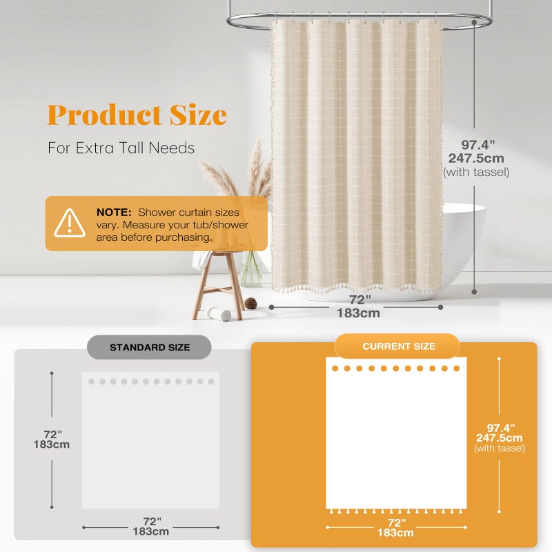 BTTN Extra Long Shower Curtain - 72x96 Inch Long Boho Chic Linen Fabric Heavy Duty Shower Curtain Set with Plastic Hooks, Tall Farmhouse Aesthetic Cute Tassel Shower Curtains for Bathroom, Cream/Beige - Image 3