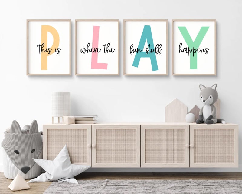 Kids Playroom Wall Art Playroom Wall Decor Kids Play Canvas Wall Art Play Sign Pictures Toddler Playroom Art Prints Nursery Children Artwork for Room Bedroom Set of 4 8x10 Inch Unframed