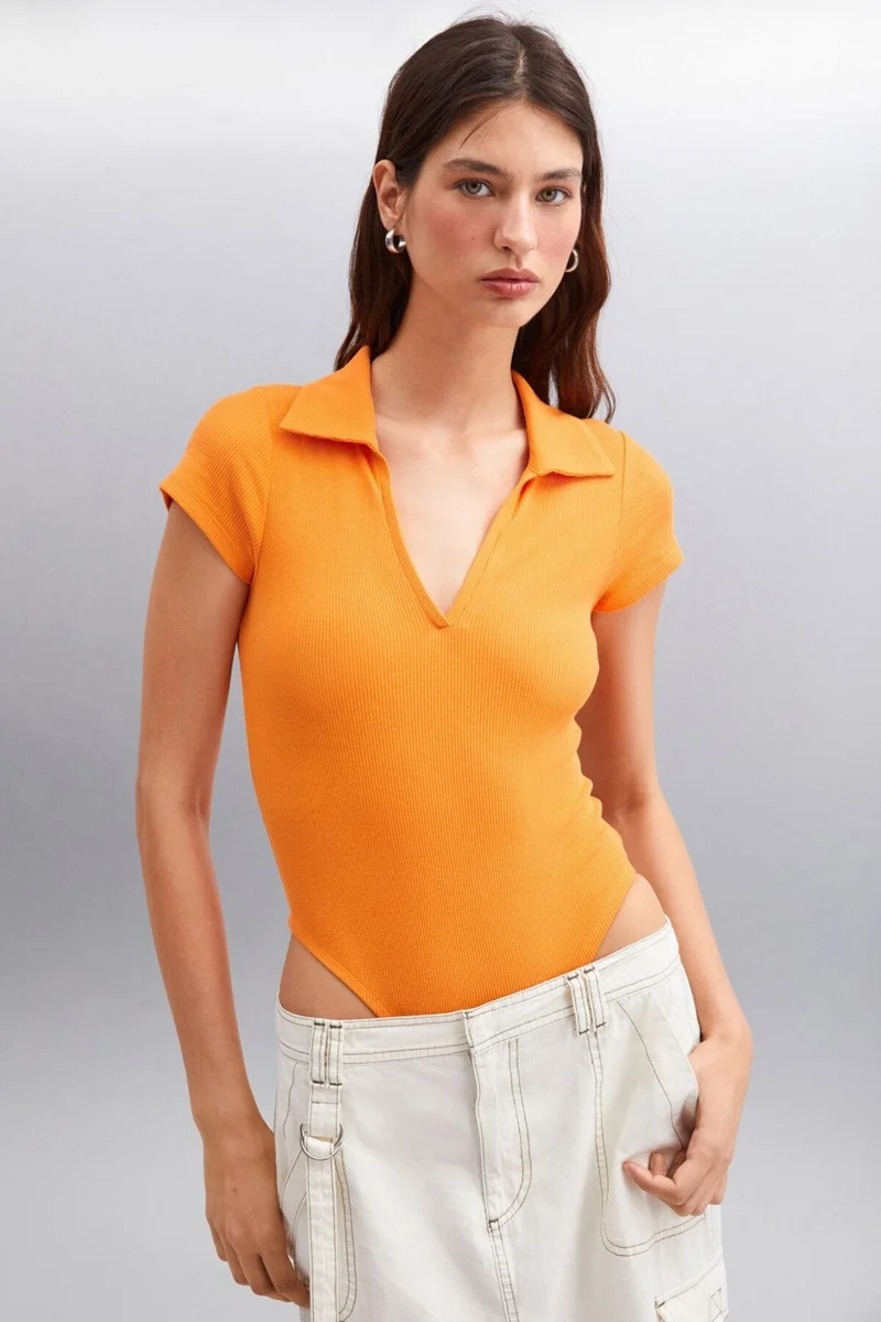 GRIMELANGE LUIGINA Women's Cotton-Elastane Polo Collar Orange Blouse
