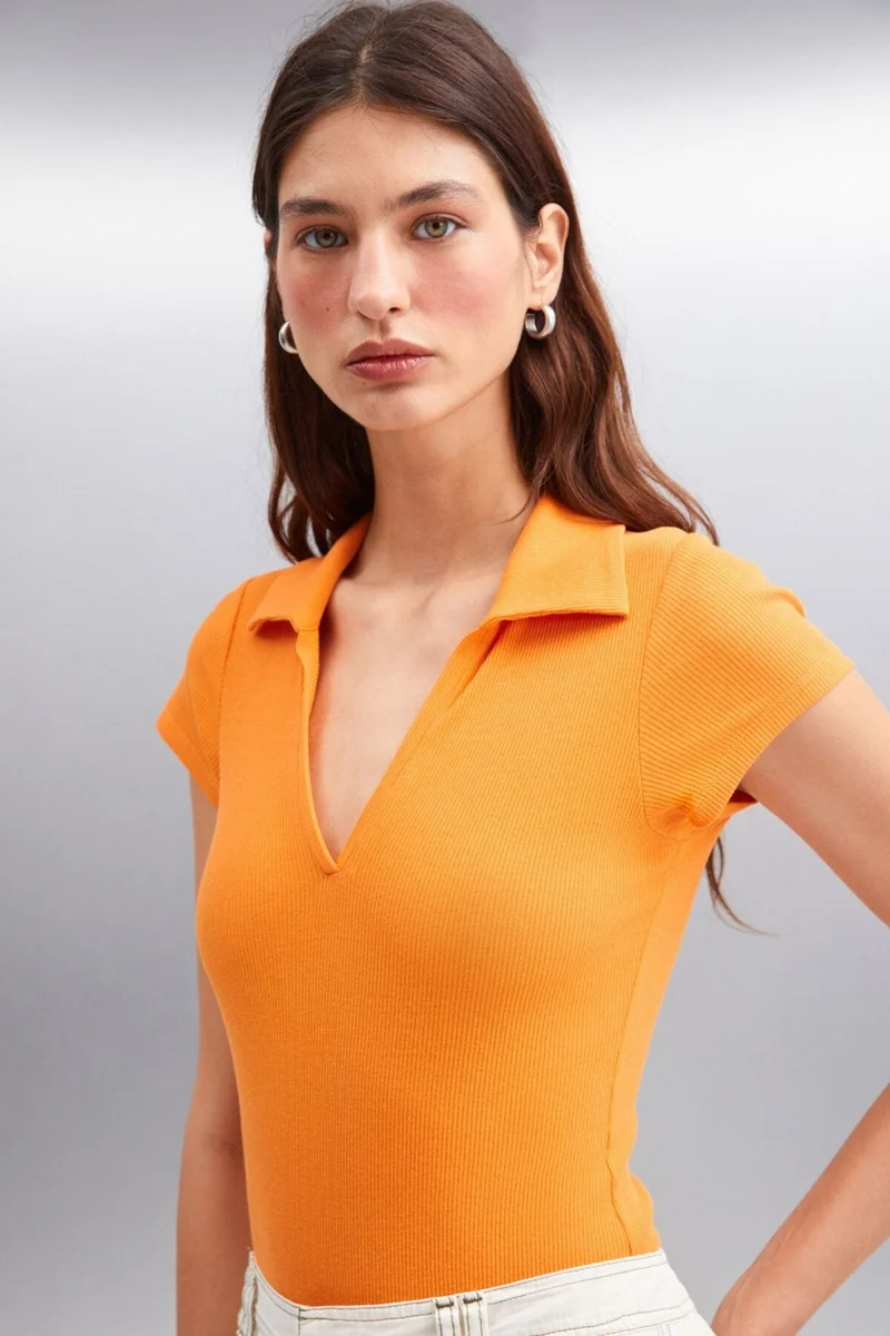 GRIMELANGE LUIGINA Women's Cotton-Elastane Polo Collar Orange Blouse