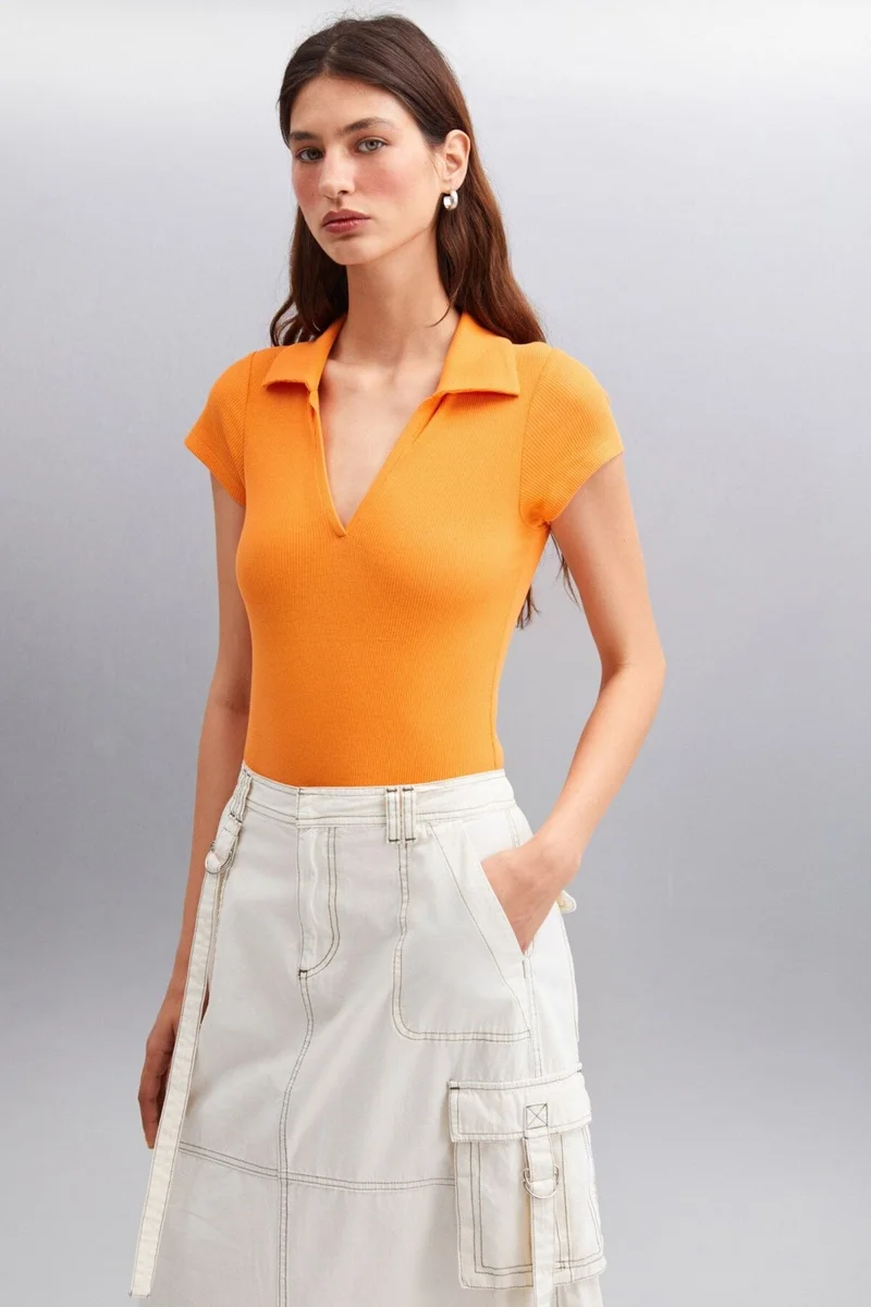 GRIMELANGE LUIGINA Women's Cotton-Elastane Polo Collar Orange Blouse