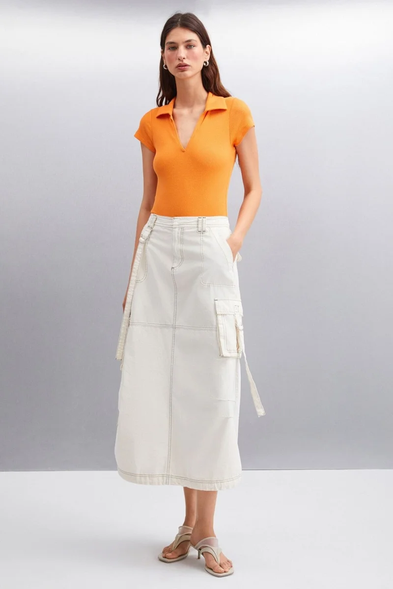GRIMELANGE LUIGINA Women's Cotton-Elastane Polo Collar Orange Blouse