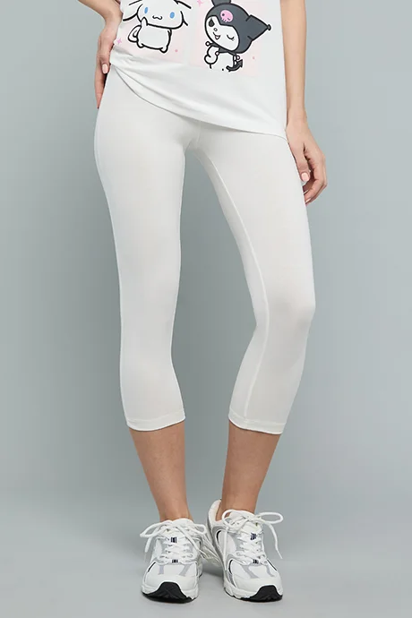أر أند بي Solid 3/4 Leggings with Elastic Waist