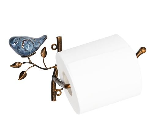 Owlgift Wall Mounted Metal Toilet Tissue Holder w/Ceramic Bird, Roll Organizer for Bathroom - Bronze - Image 2
