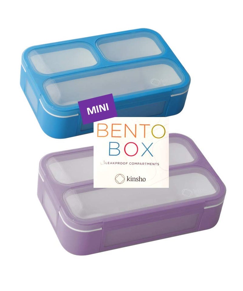 kinsho Snack Containers for Kids Toddlers Baby Adults  MINI Bento LunchBox  SMALL BentoBox Portion Container  Toddler PreSchool Girls Boys  Leakproof Boxes  Purple Blue Set of 2