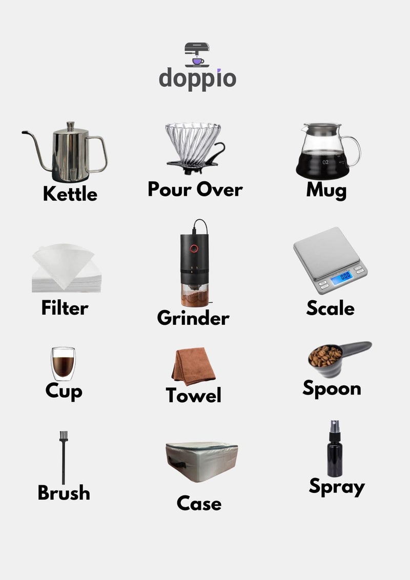 DOPPIO 11-Piece Pour Over Coffee Maker Set – Complete Home Barista Kit with Gooseneck Kettle, Grinder, Dripper & Carry Case | Manual Brewing Set for Fresh & Rich Coffee Anywhere - Image 3