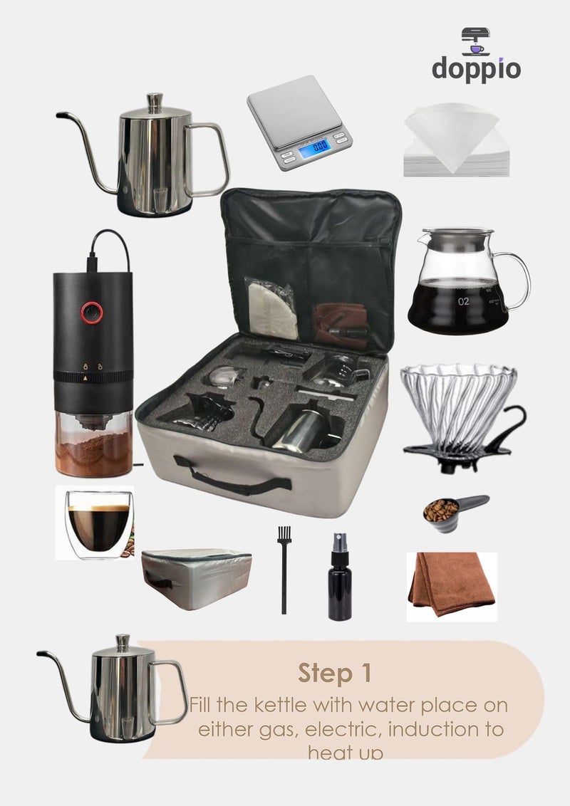 DOPPIO 11-Piece Pour Over Coffee Maker Set – Complete Home Barista Kit with Gooseneck Kettle, Grinder, Dripper & Carry Case | Manual Brewing Set for Fresh & Rich Coffee Anywhere - Image 4