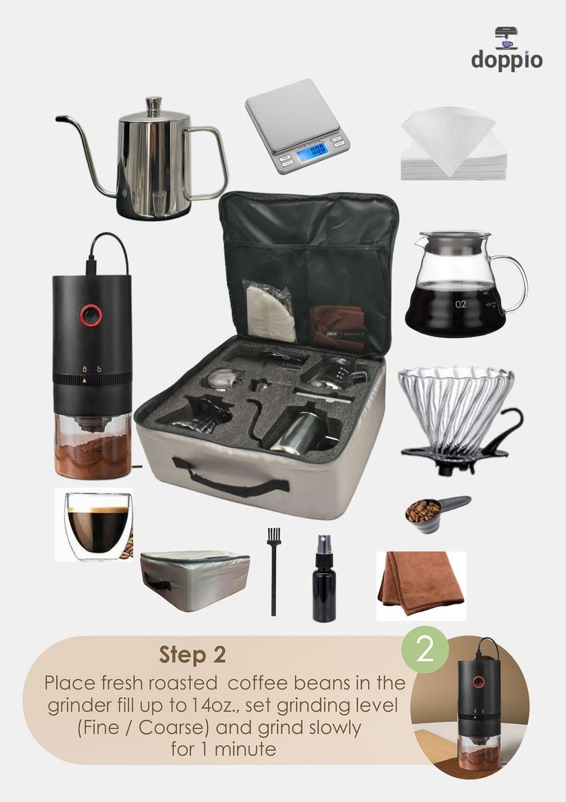 DOPPIO 11-Piece Pour Over Coffee Maker Set – Complete Home Barista Kit with Gooseneck Kettle, Grinder, Dripper & Carry Case | Manual Brewing Set for Fresh & Rich Coffee Anywhere - Image 5