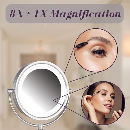 JERDON Lighted Makeup Mirror with Magnification - 1X and 8X Magnification - Nickel Finish - Model HL8808NL - Image 5