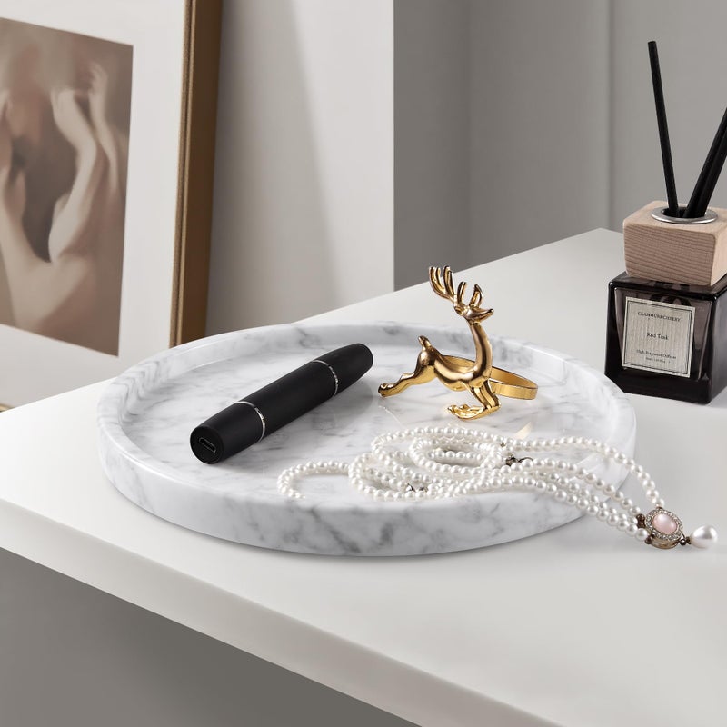 BUICCE Decorative Round Marble Tray,8 Inches Diameter, Natural White Stone Vanity Organizer - Image 4