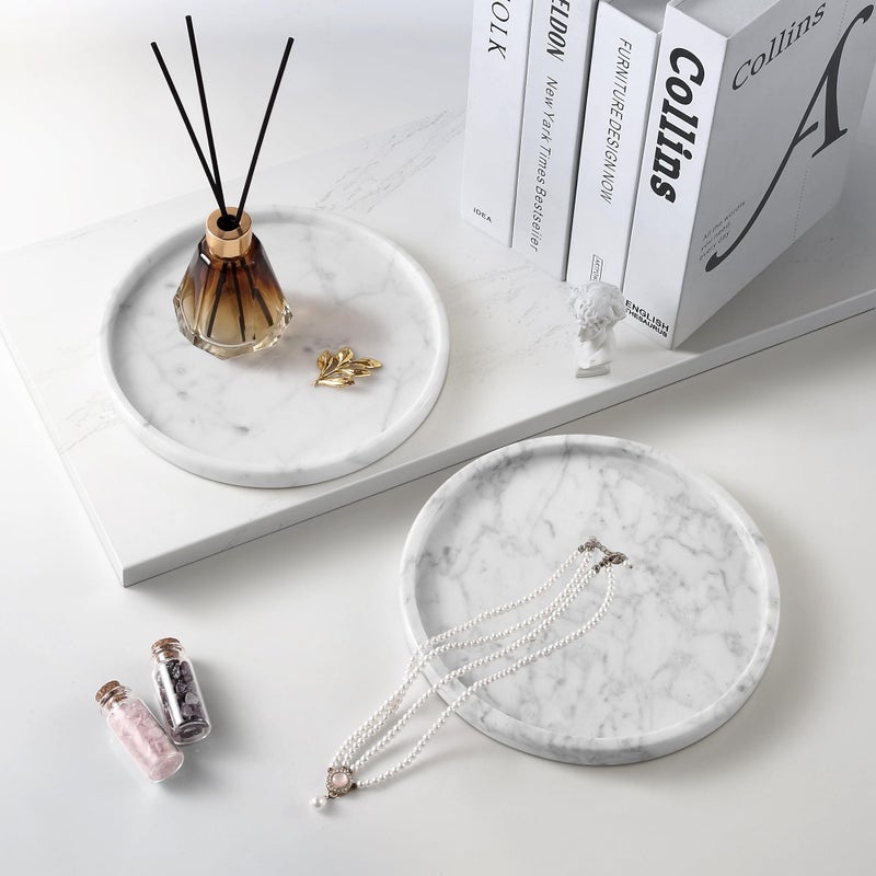 BUICCE Decorative Round Marble Tray,8 Inches Diameter, Natural White Stone Vanity Organizer - Image 5