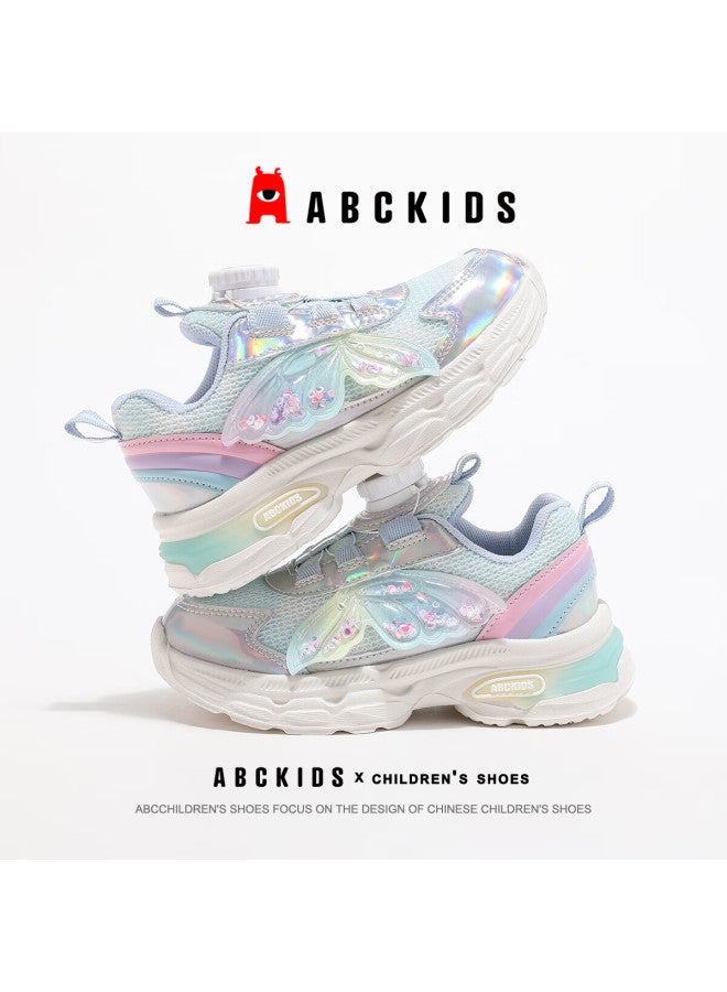 Abc Kids Autumn Girls Running Shoes Sweet Butterfly Princess Sports Shoes Children's Fashion Casual Shoes Silver Light Blue Size 37 - Image 3