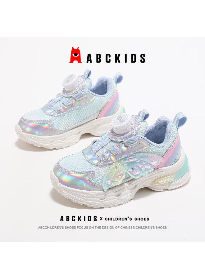 Abc Kids Autumn Girls Running Shoes Sweet Butterfly Princess Sports Shoes Children's Fashion Casual Shoes Silver Light Blue Size 37 - Image 1