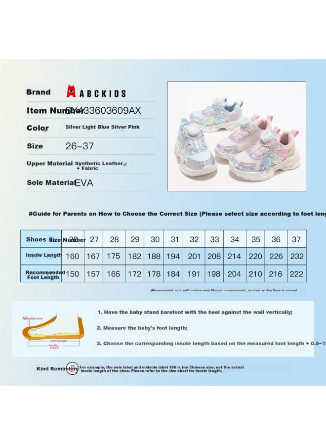 Abc Kids Autumn Girls Running Shoes Sweet Butterfly Princess Sports Shoes Children's Fashion Casual Shoes Silver Light Blue Size 37 - Image 2