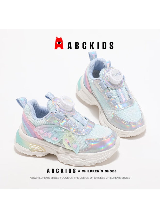 Abc Kids Autumn Girls Running Shoes Sweet Butterfly Princess Sports Shoes Children's Fashion Casual Shoes Silver Light Blue Size 37 - Image 5