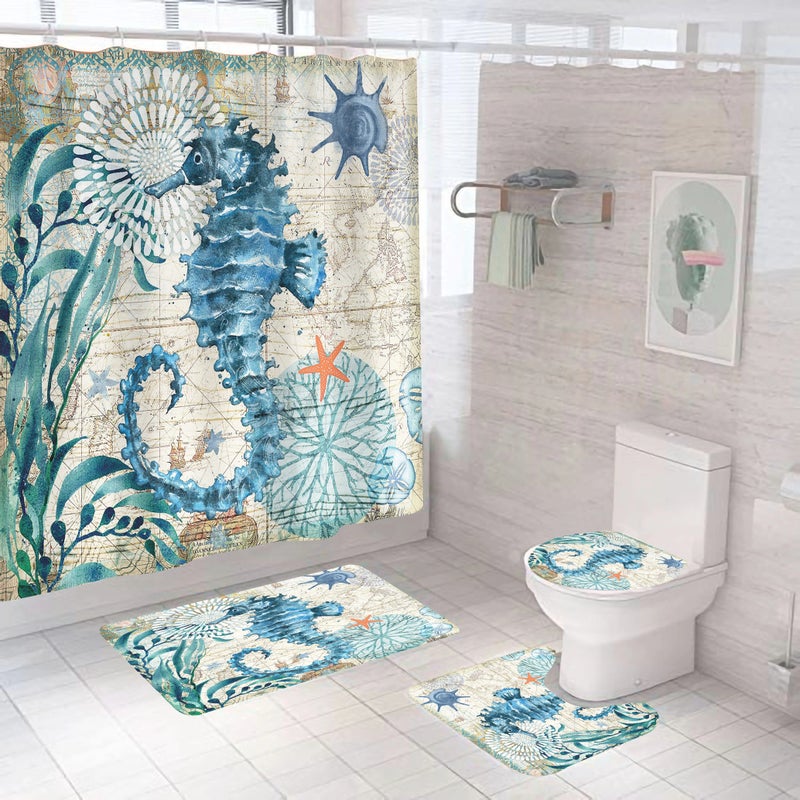 Bluejw Printed 4pcs  Bathroom Waterproof 3D Polyester Shower Curtain Sets with Rugs - Image 2