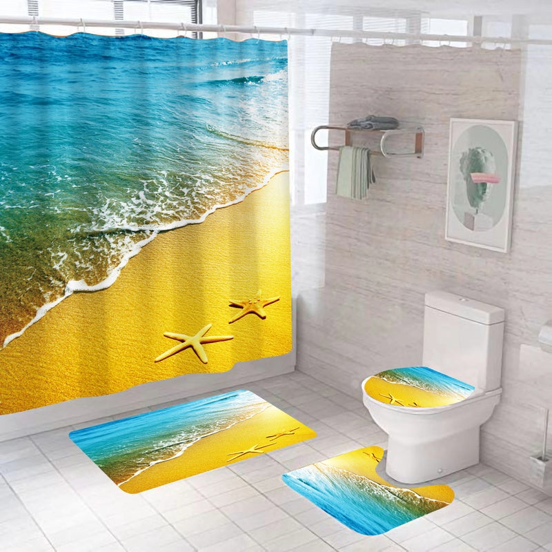 Bluejw Printed 4pcs  Bathroom Waterproof 3D Polyester Shower Curtain Sets with Rugs - Image 4
