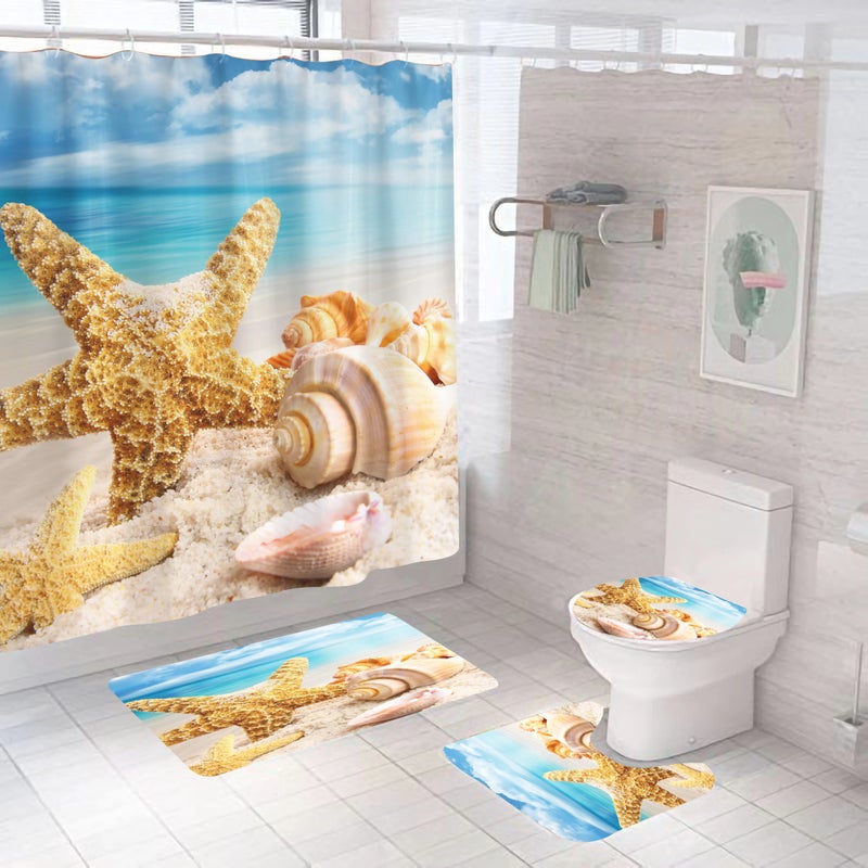 Bluejw Printed 4pcs  Bathroom Waterproof 3D Polyester Shower Curtain Sets with Rugs - Image 3