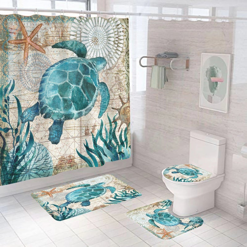 Bluejw Printed 4pcs  Bathroom Waterproof 3D Polyester Shower Curtain Sets with Rugs - Image 5