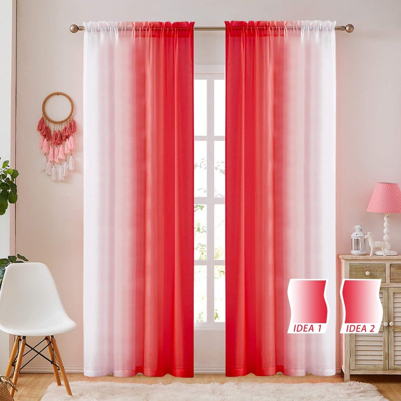 July Joy Ombre Faux Linen Sheer Curtains for Bedroom Living Room Rod Pocket, Privacy and Light Filtering, 2 Tone Reversible Gradient Voile Semi Window Curtains, Set of 2 Panels, Red, 54 x 84 Inch Length - Image 2