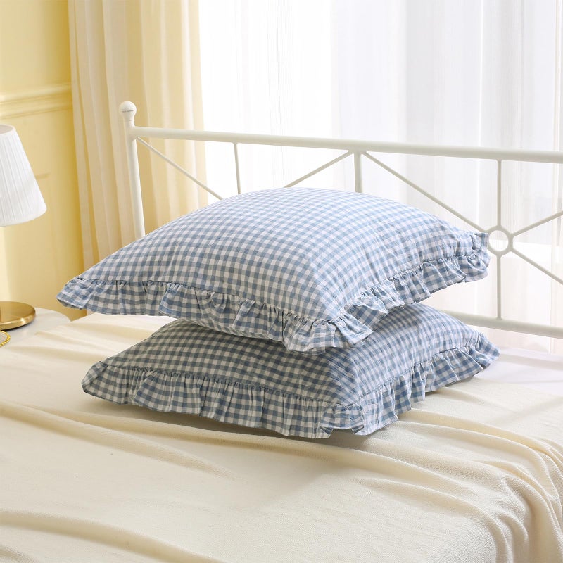 K MASANIJI K Masaniji 2pack Dusty Blue White Plaid Plaid Plaid Plaid Sams 26x26 Inges 100 ٪ Checkered Gingham French Country Country Chroff Bed Cover (26 × 26 بوصة غبار أزرق/أبيض)  - Image 3