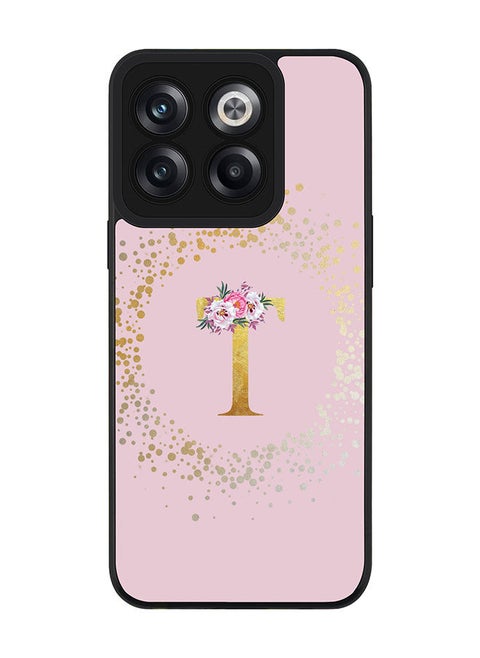Rugged Black edge case for OnePlus Ace Pro Slim fit Soft Case Flexible Rubber Edges TPU Gel Thin Cover - Custom Monogram Initial Letter Floral Pattern Alphabet - T (Pink)