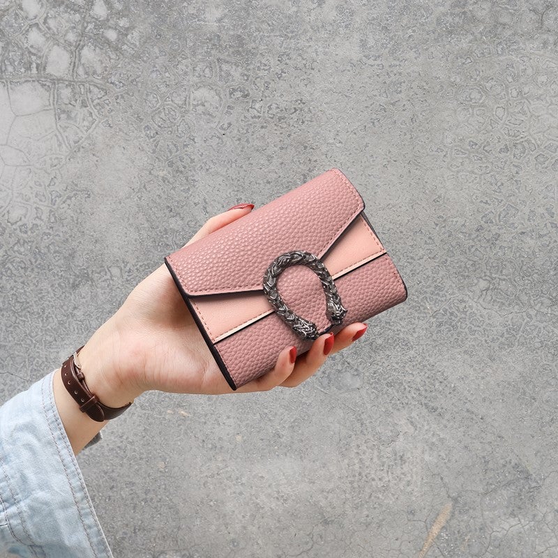 Factory wholesale short wallet womens cute student small wallet litchi pattern simple mini folding portable wallet Pink 