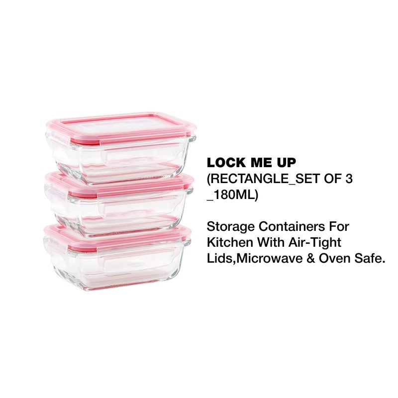 DUBBLIN Lock Me Up Glass Heat Resistant Borosilicate Glass Container Set of 3, 180ml - Rectangular, Clear | Oven, Freezer & Microwave Safe Storage Solution (3 Piece) - Image 2