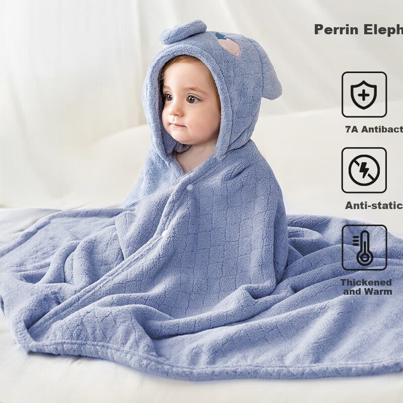 JD Jing Zao OUYUN Baby Bath Towel, Coral Fleece Quick-Drying Children's Cape Bathrobe with Hood, Infant Bathing Robe, Elephant Pattern 13565 - Image 1
