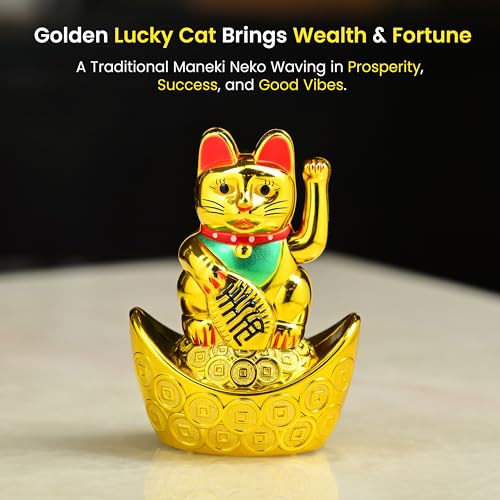 HindCraft Golden Waving Cat Showpiece – Valentine Gift Feng Shui Idol Sitting on Money Ingots | Symbol of Wealth, Good Luck & Positivity | Ideal Gift for Home, Office & Housewarming - Image 2