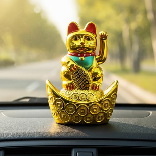 HindCraft Golden Waving Cat Showpiece – Valentine Gift Feng Shui Idol Sitting on Money Ingots | Symbol of Wealth, Good Luck & Positivity | Ideal Gift for Home, Office & Housewarming - Image 1