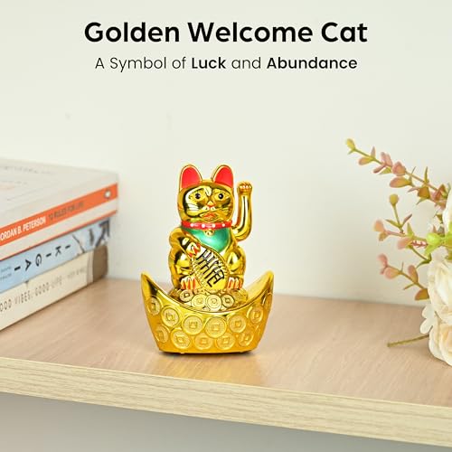 HindCraft Golden Waving Cat Showpiece – Valentine Gift Feng Shui Idol Sitting on Money Ingots | Symbol of Wealth, Good Luck & Positivity | Ideal Gift for Home, Office & Housewarming - Image 5