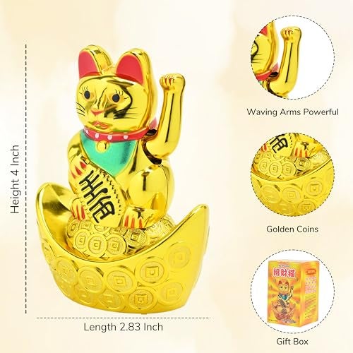 HindCraft Golden Waving Cat Showpiece – Valentine Gift Feng Shui Idol Sitting on Money Ingots | Symbol of Wealth, Good Luck & Positivity | Ideal Gift for Home, Office & Housewarming - Image 3