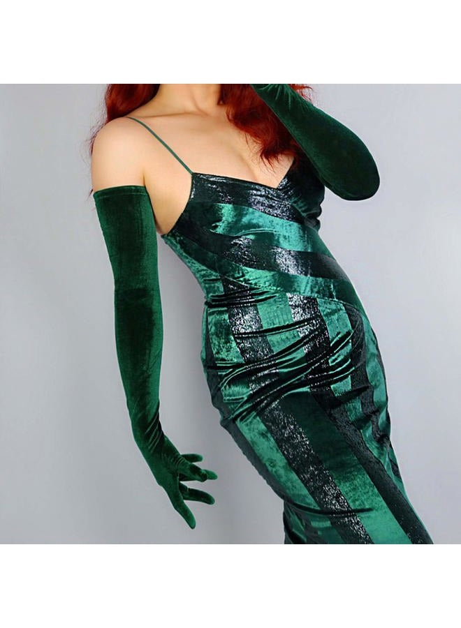 DooWay Women Super Long Velvet Gloves Dark Green 28 inches Stretch Soft Opera Evening 20s Party Halloween Christmas Costume Gloves - Image 3