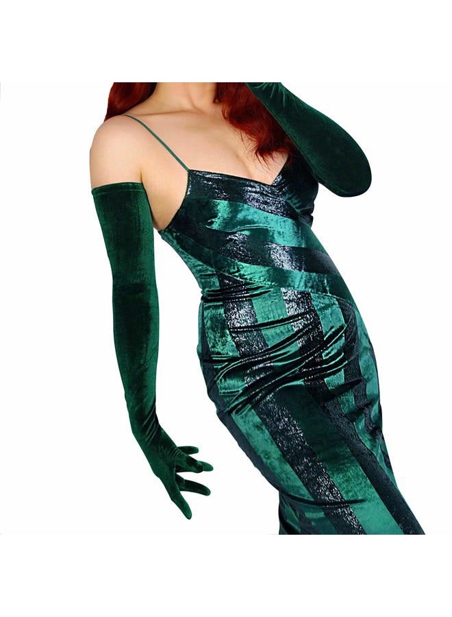 DooWay Women Super Long Velvet Gloves Dark Green 28 inches Stretch Soft Opera Evening 20s Party Halloween Christmas Costume Gloves - Image 1