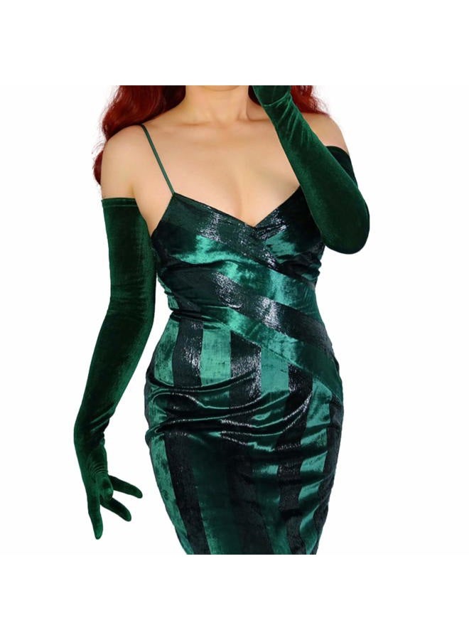 DooWay Women Super Long Velvet Gloves Dark Green 28 inches Stretch Soft Opera Evening 20s Party Halloween Christmas Costume Gloves - Image 2