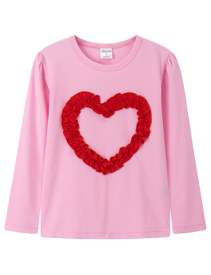 Noomelfish Girls Ruffle Heart T-Shirts Cute Long Sleeve Tee Tops, Pink, Size 9-10 Years - Image 1
