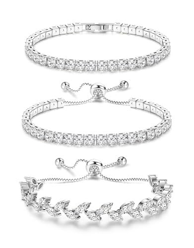 YADOCA Tennis Bracelets For Women - Silver Plated Bracelet Stack Cubic Zirconia CZ Diamond Adjustable Stackable Bracelets Set For Prom Wedding Jewelry Gift 3Pcs - Image 1