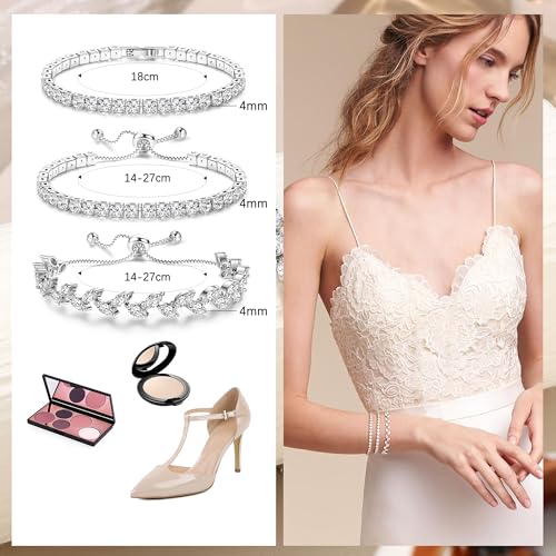 YADOCA Tennis Bracelets For Women - Silver Plated Bracelet Stack Cubic Zirconia CZ Diamond Adjustable Stackable Bracelets Set For Prom Wedding Jewelry Gift 3Pcs - Image 3